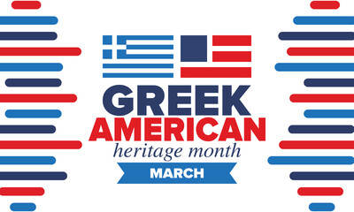 Greek American Heritage Month. Greece and United States flag. Greek blue color. Happy holiday celebrate in March. Culture month. Patriotic design. Poster, card, banner, template. Vector illustration