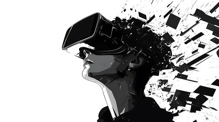 Futuristic VR Art: Headset and Abstract Splatter isolated on White