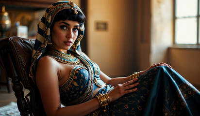a woman in a blue and gold dress sitting on a chair in front of a window