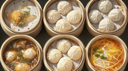 Freshly made dumplings arranged neatly on a wooden steamer, warm lighting