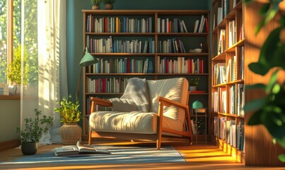 Cozy reading nook with a soft armchair, wooden bookshelf filled with books, and warm sunlight streaming in.