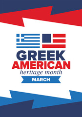 Greek American Heritage Month. Greece and United States flag. Greek blue color. Happy holiday celebrate in March. Culture month. Patriotic design. Poster, card, banner, template. Vector illustration