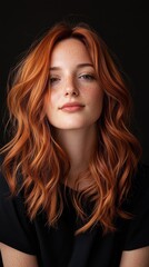 Fototapeta premium A woman with red hair is smiling and looking at the camera