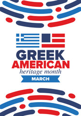 Greek American Heritage Month. Greece and United States flag. Greek blue color. Happy holiday celebrate in March. Culture month. Patriotic design. Poster, card, banner, template. Vector illustration