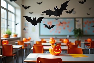 A colorful classroom decorated for Halloween, featuring hanging paper bats, jack-o'-lanterns on the desks, and spooky artwork on the walls. The room has an inviting atmosphere
