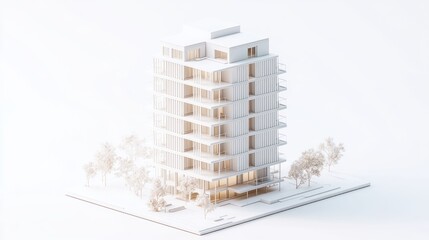 Minimalist white apartment building model, architectural design, urban scene, presentation