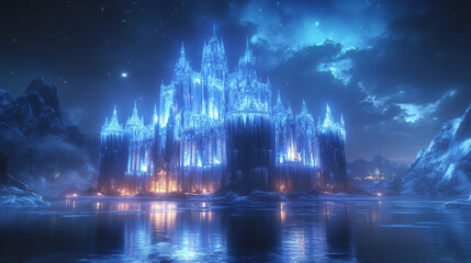 Winter Castle on Frozen Lake at Night