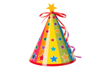 Colorful party hat with stars and ribbons designed for festive celebrations and joyful gatherings during any fun event, summer parties or birthdays, cut out