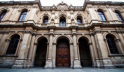 Fototapeta premium a large building with a clock on the top of it ' s front door