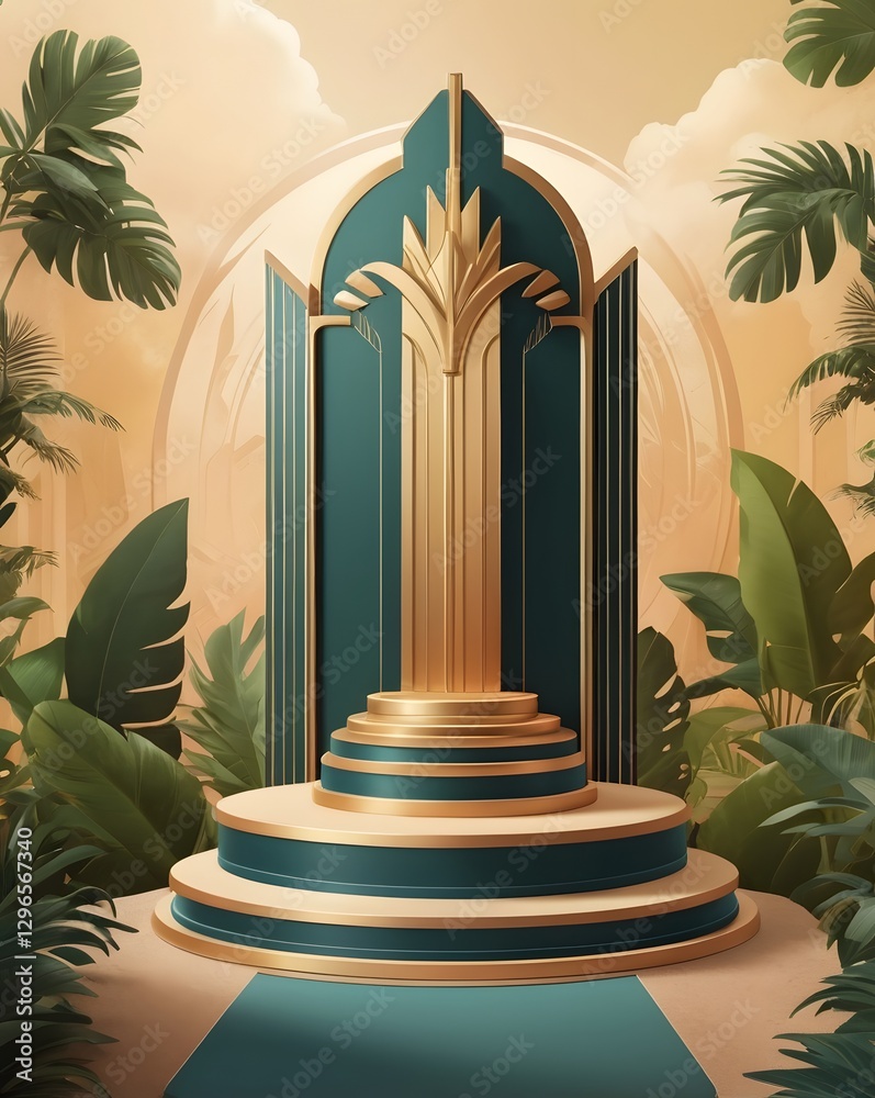 Poster an architectural golden stage in a jungle setting. the elegant stage is centered amidst lush foliage