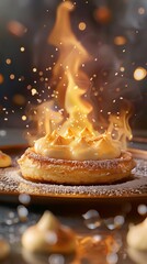 Flambe dessert with caramelized crust catching flame in real-time at a culinary event