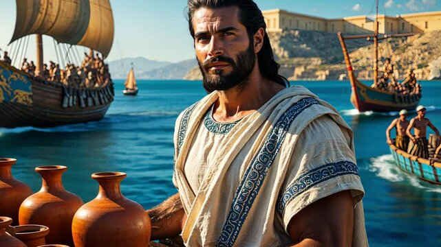 An Ancient Greek Trader Engaging with the Sea and its Wonders
