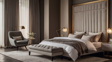 modern, comfortable bed for bedroom, elegant bedroom, beautiful furniture, stylish interior 