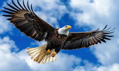 Fototapeta premium majestic eagle soaring through a dramatic cloudy sky, its wings outstretched with incredible detail, capturing the essence of strength and freedom