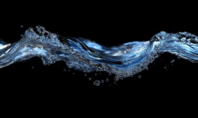 Graceful wave of metallic blue and silver liquid, flowing smoothly with soft highlights and shadows against a black background