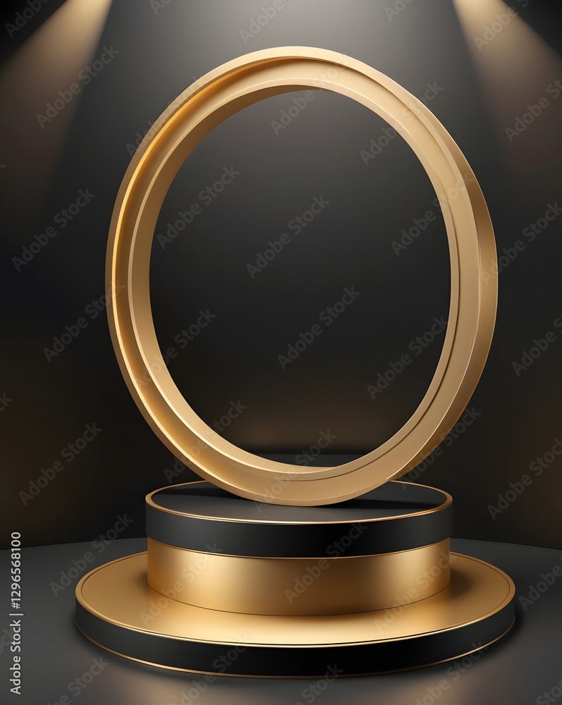 Poster an elegant golden ring displayed on a sophisticated podium, highlighted by spotlights, creating a se