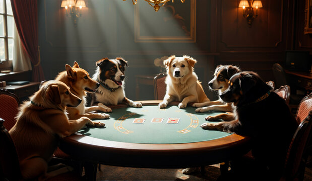 a group of dogs sitting around a poker table in a room with a chandel