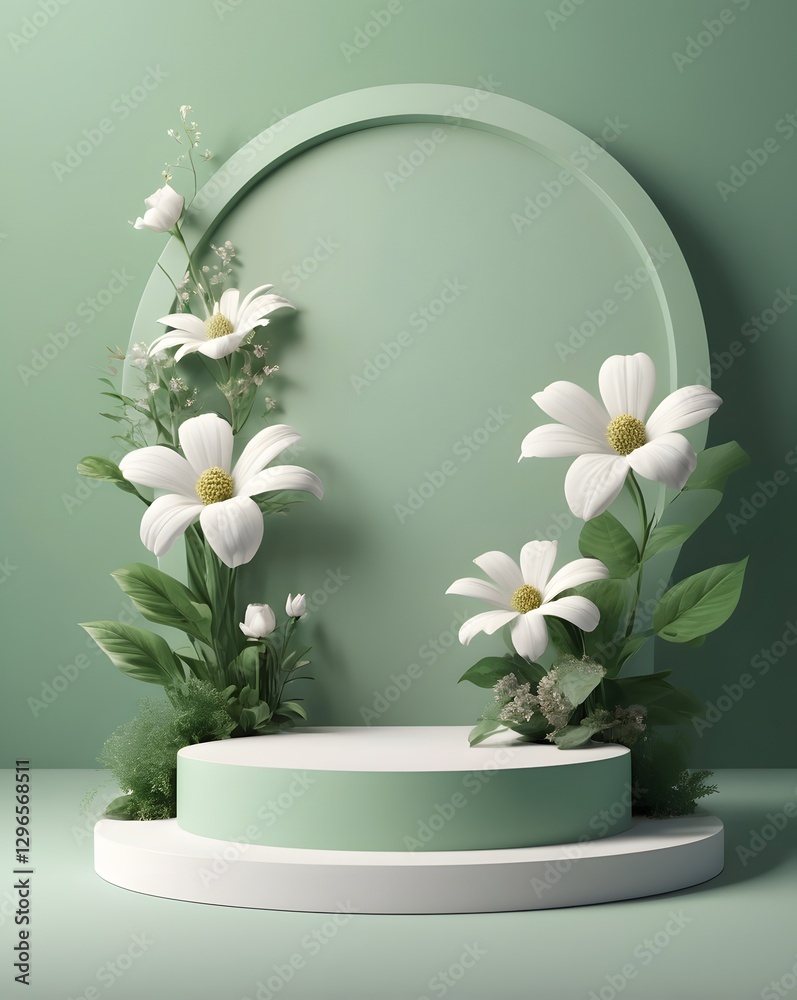 Aufkleber a minimalist podium display featuring delicate white flowers and foliage. the backdrop is a soft gre