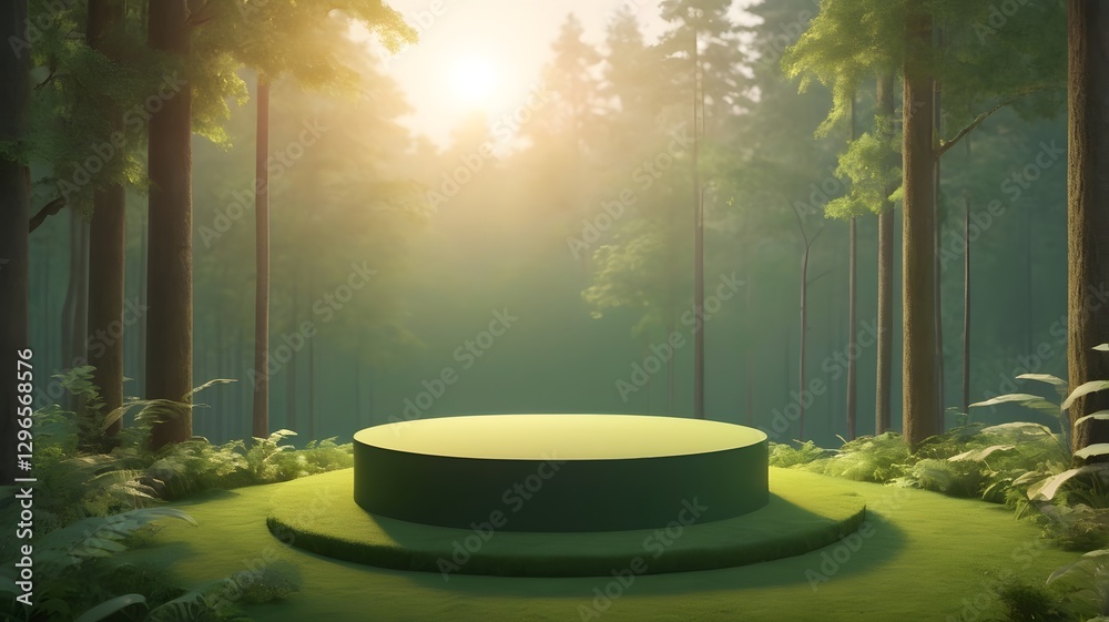 Poster an empty platform stands in the middle of a sunlit forest clearing. The scene is tranquil and inviting, with rays of sunlight casting shadows on the lush greenery.