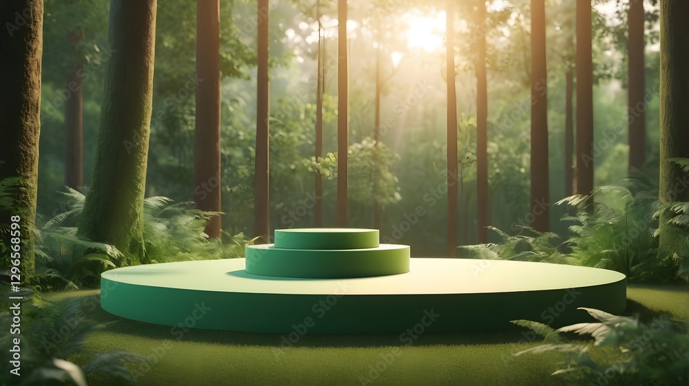 Poster an empty round platform stage surrounded by a vibrant forest scene. The backdrop features tall trees bathed in sunlight