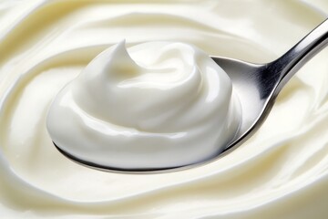 A hyper-realistic close-up of yoghurt being scooped with a silver spoon