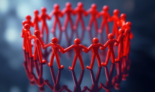 Group of red stick figures in a circular formation on a reflective surface, sharp details and bold colors evoking unity and teamwork