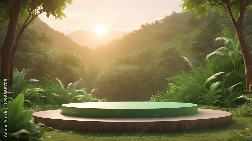 Poster a product display platform in a scenic environment, surrounded by trees, with mountains in the backg