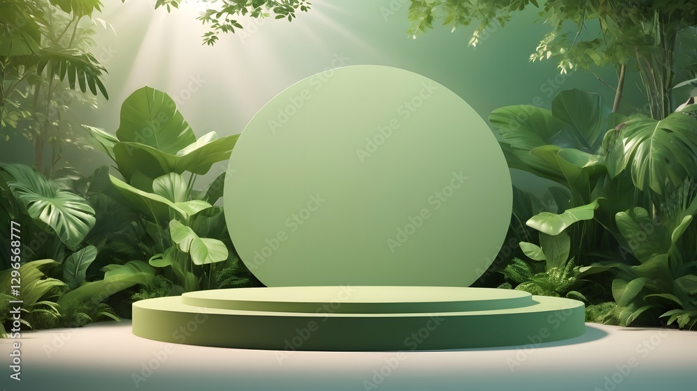 Poster a green podium and a circular backdrop set against a background of vibrant jungle foliage