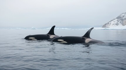 Fototapeta premium Orcas swimming in icy waters antarctica wildlife photography serene environment close-up view marine life