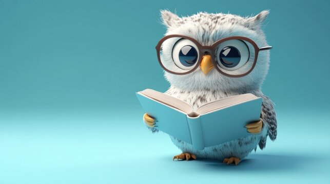 Cute Owl Reading Book on Blue Background - Powered by Adobe