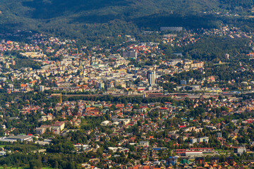 View from the Jested tower, telecommunication transmitter on mountain near Liberec, Bohemia, Czech Republic, UNESCO World Heritage Site