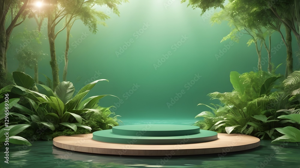 Poster a serene nature scene with a podium for product placement. the lush greenery provides a natural and 