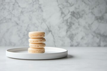 A minimalistic stack of macarons on a white plate, placed on a marble surface.