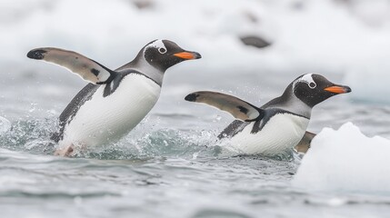Fototapeta premium Penguins swimming together in icy waters antarctica wildlife photography natural habitat close-up view playfulness