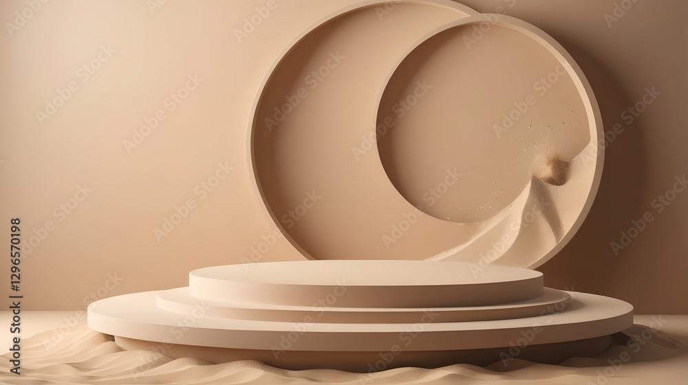 Poster minimalist beige podium with a unique circular design and abstract sand pattern 