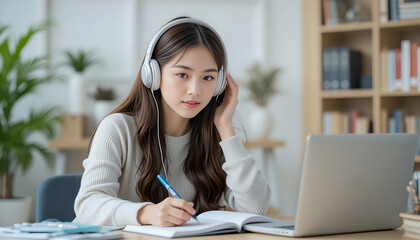 A serious young female student wearing headphones listens to an audio course while studying at a desk, taking notes, and preparing for an exam.