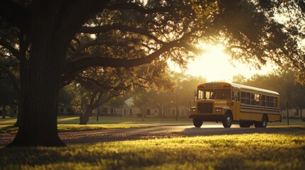 Bright School Bus in Natural Light at Schoolyard