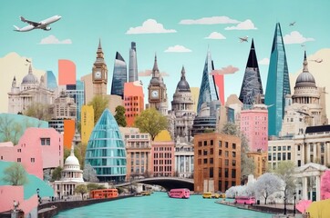 Naklejka premium Colorful illustration of London's skyline showcasing iconic buildings and dynamic urban elements during a bright day