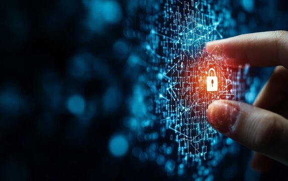 A hand touches a glowing lock symbol on a digital interface, representing cybersecurity and data protection in a modern tech environment.