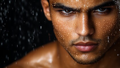 Man, wet, intense gaze, shower, closeup