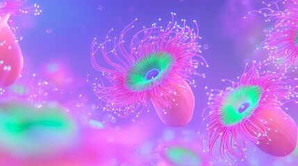 Obraz premium Vibrant microscopic jellyfish exploration underwater realm digital art colorful environment close-up view marine life