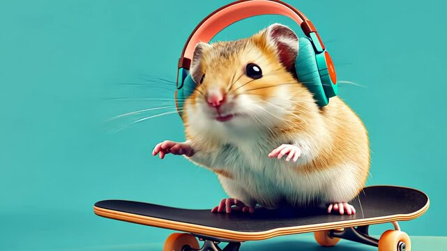A cute anthropomorphic hamster wearing stylish headphones and glasses, balancing confidently on a skateboard, representing fun, sports, and modern culture
