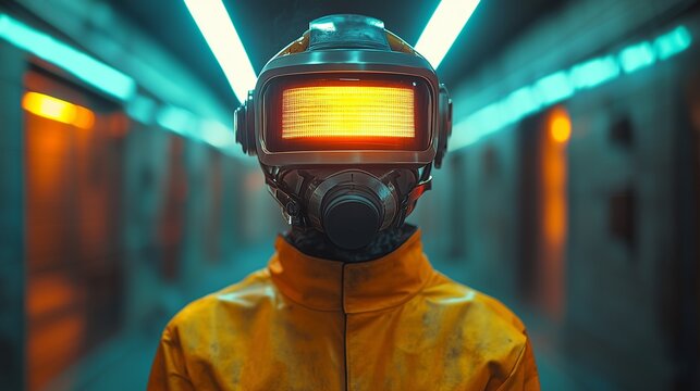 A futuristic cybernetic figure in a glowing helmet and yellow suit stands in a neonlit industrial corridor