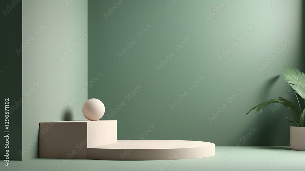 Aufkleber a modern geometric design with a sphere on a podium and plant. the combination of geometric shapes a