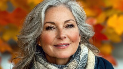 A woman with gray hair is smiling gently while wrapped in a cozy scarf. Bright autumn leaves in shades of orange and yellow create a warm backdrop on a sunny day