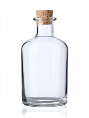 Clear Glass Bottle with Cork Stopper on White Background
