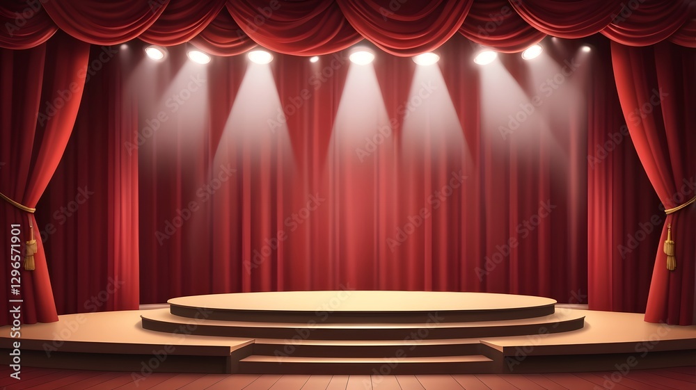 Poster a red theater stage with spotlights and curtains, ready for a performance