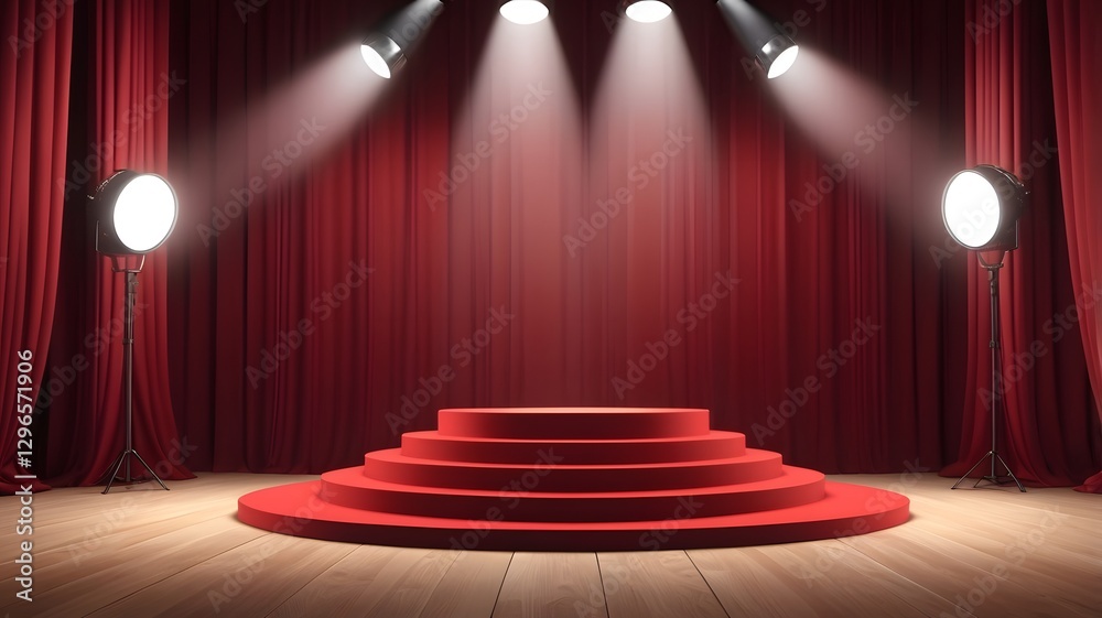 Aufkleber a spotlight illuminates a red stage with a multi-tiered platform and curtain backdrop
