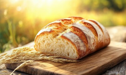 Rustic loaf of freshly baked bread resting on a wooden cutting board illuminated by soft natural light, evoking warmth and culinary craftsmanship
