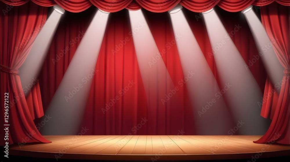 Aufkleber a stage with a red curtain and spotlights, ready for a performance. The stage is empty and the lights create a dramatic effect
